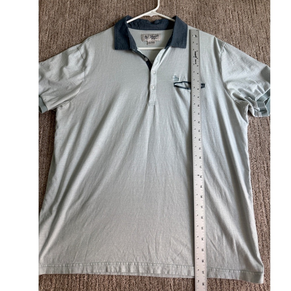 Original Penguin Mens XL Polo Shirt Light Blue Stripe Short Sleeve Pocket Logo